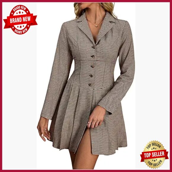 Plaid Button Front Blazer Dress Long Sleeve Flared A-Line Work Office